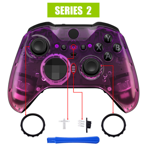 eXtremeRate Gradient Translucent Purple Rose Red Faceplate Cover, Glossy Front Housing Shell Case Replacement Kit for Xbox One Elite Series 2 Controller Model 1797 and Core Model 1797 - Thumbstick Accent Rings Included - ELP335