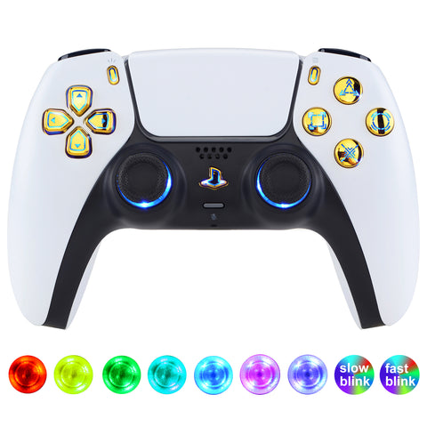 eXtremeRate Multi-Colors Luminated D-pad Thumbstick Share Option Home Face Buttons for PS5 Controller BDM-030/040, Chrome GoldButtons 7 Colors 9 Modes DTF V3 LED Kit for PS5 Controller - PFLED07G3