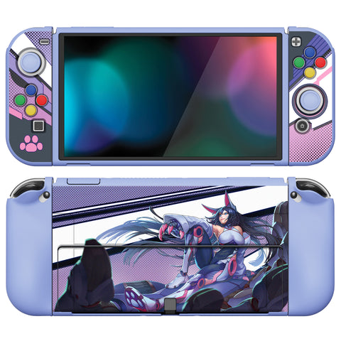 PlayVital ZealProtect Soft Protective Case for Switch OLED, Flexible Protector Joycon Grip Cover for Switch OLED with Thumb Grip Caps & ABXY Direction Button Caps - Neko Mecha - XSOYV6026