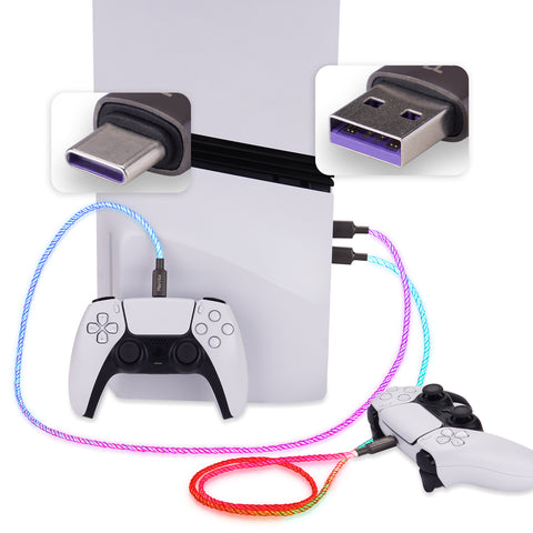 PlayVital 2-Pack 3.28FT Illuminated Charging Cable for PS5 Controller, USB Type C Charging Cord for Xbox Core & Xbox Elite Series 2 & Switch 2 Pro Controller, Universal LED Light Up Data Cord for Gamepad - PFLED20