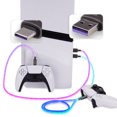 PlayVital 2-Pack 6.56FT Illuminated Charging Cable for PS5 Controller, USB Type C Charging Cord for Xbox Core & Xbox Elite Series 2 & Switch 2 Pro Controller , Universal LED Light Up Data Cord for Gamepad - PFLED19