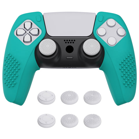 PlayVital 3D Studded Edition Aqua Green Ergonomic Soft Controller Silicone Case Grips for PS5, Rubber Protector Skins with 6 White Thumbstick Caps for PS5 Controller – Compatible with Charging Station - TDPF020