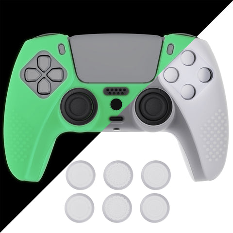 PlayVital 3D Studded Glow in Dark - Green Ergonomic Soft Controller Silicone Case Grips for PS5, Rubber Protector Skins with 6 Clear White Thumbstick Caps for PS5 Controller - TDPF027