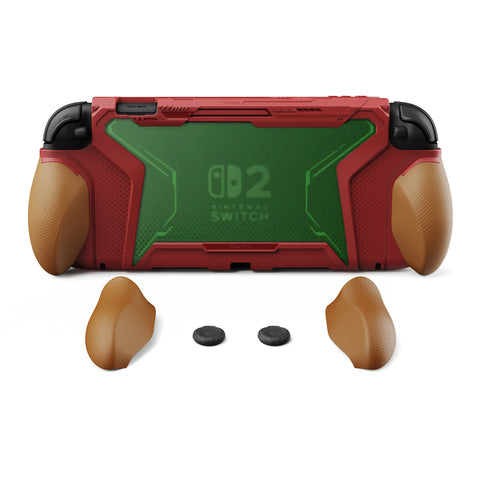 PlayVital BEYOND-GRIP Interchangeable Grip Protective Cover for Nintendo Switch 2 (2025), Ergonomic TPU Dockable Case Accessories for Switch 2 with Joystick Caps, Shockproof - Red & Orange - XJKNTM004