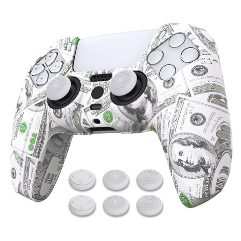 PlayVital Water Transfer Printing Carving Skull Patterned Anti-Slip Silicone Cover Skin Soft Rubber Case Protector for PS5 Controller with 6 Thumb Grip Caps - 100 Cash Money Dollar - KOPF035