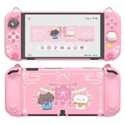 PlayVital Cherry Blossoms Kitten Dockable Hard Shell Protective Case for Nintendo Switch OLED, Silicone Grips for Switch OLED with Thumb Grips, Shockproof - Pink - FQLSOP001
