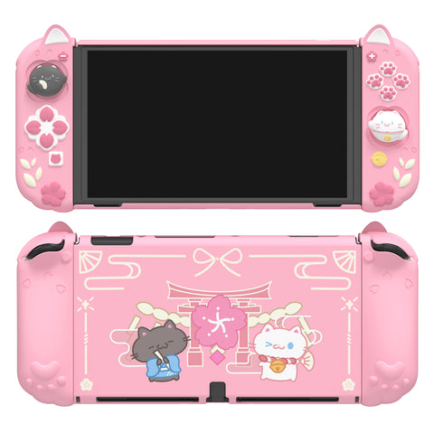 PlayVital Cherry Blossoms Kitten Dockable Hard Shell Protective Case for Nintendo Switch OLED, Silicone Grips for Switch OLED with Thumb Grips, Shockproof - Pink - FQLSOP001