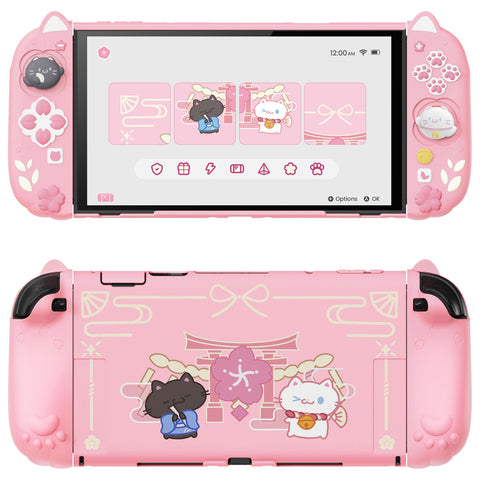 PlayVital Cherry Blossoms Kitten Silicone Grip & PC Shell Case for Nintendo Switch 2,  Cat Ear & Paw Joycon Covers + Dockable Protection + Extra Adjustable Stand - Pink - HFQNTM001