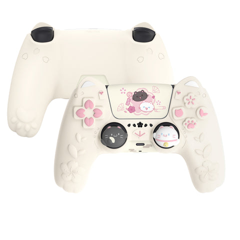 PlayVital Cherry Blossoms Kitten Silicone Cover for PS5 Controller, Anti-slip Grip Skin with Thumb Grip & Sticker, Soft Rubber Protector for PS5 Controller Accessories - Antique Yellow - PQHPFP002