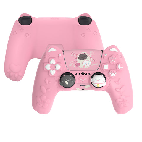 PlayVital Cherry Blossoms Kitten Silicone Cover for PS5 Controller, Anti-slip Grip Skin with Thumb Grip & Sticker, Soft Rubber Protector for PS5 Controller Accessories - Pink - PQHPFP001