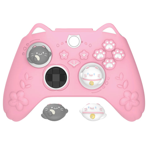 PlayVital Cherry Blossoms Kitten Silicone Cover for Xbox Series X/S, Soft Rubber Cover for Xbox Core Wireless Controller, Anti-slip Grip Protector with Thumb Grips & Sticker - Pink - HPJX3P002