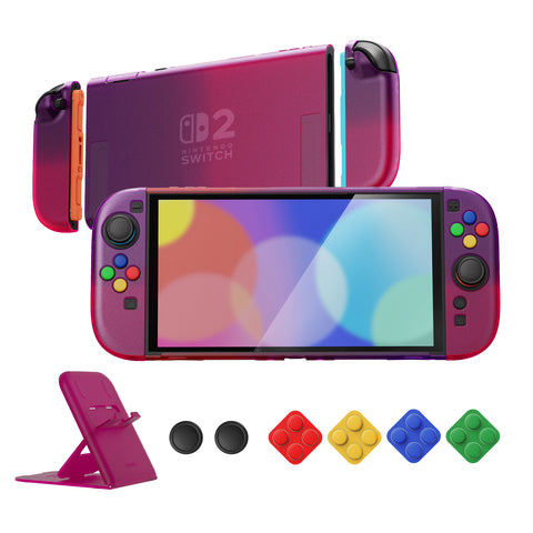 PlayVital Clear Series Protective Case for Nintendo Switch 2, Anti-Scratches Hard Shell Dockable Grip Cover with Extra Foldable Stand & Thumb Grips for Nintendo Switch 2 - Clear Atomic Purple Rose Red - EXVNTP001