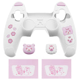 PlayVital Cute Bear Controller Silicone Case for ps5, Kawaii Controller Cover Compatible with Charging Station, Gamepad Skin Protector for ps5 with Touch Pad Sticker & Thumb Grips - White & Pink - UYBPFP003