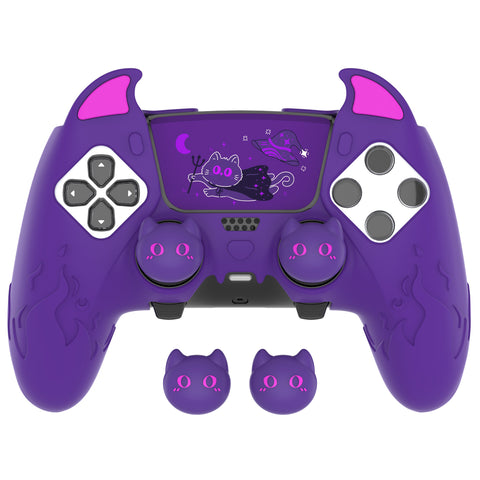 PlayVital Cute Demon Silicone Case for ps5 Edge Controller, Kawaii Controller Cover Skin Gamepad Protector for ps5 Edge Accessories with Touch Pad Sticker & Thumb Grip Caps - Purple - MWKEGP002