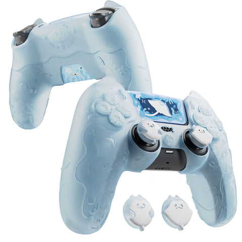 PlayVital for PS5 Controller Cover Skin - Cute Ocean Whisper Series Semi-Clear Silicone Case for PS5 Controller with Thumb Grip & Sticker, Charging Station Compatible, Full Protection - Mint Blue - HYKPFP001