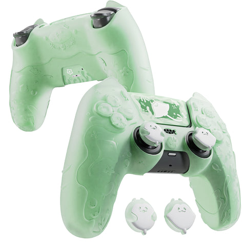 PlayVital for PS5 Controller Cover Skin - Cute Ocean Whisper Series Semi-Clear Silicone Case for PS5 Controller with Thumb Grip & Sticker, Charging Station Compatible, Full Protection - Pastel Green - HYKPFP003