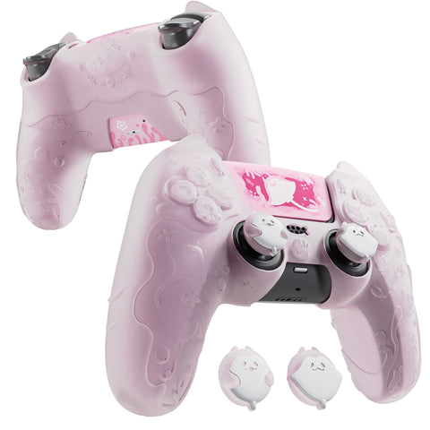 PlayVital for PS5 Controller Cover Skin - Cute Ocean Whisper Series Semi-Clear Silicone Case for PS5 Controller with Thumb Grip & Sticker, Charging Station Compatible, Full Protection - Peach Pink - HYKPFP002