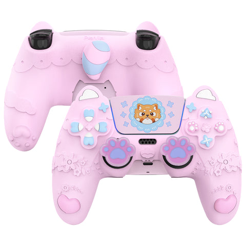 PlayVital Cute Spring Lesser Panda Silicone Cover for PS5 Controller with Joystick Cap and Sticker, Anti-Grip Shockproof Skin, Compatible with Charging Station - Cotton Candy Pink - YSSPFP004