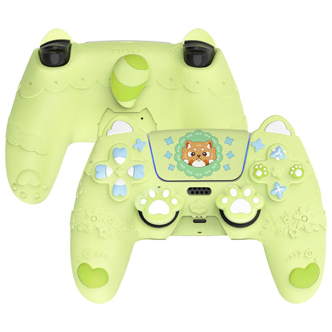 PlayVital Cute Spring Lesser Panda Silicone Cover for PS5 Controller with Joystick Cap and Sticker, Anti-Grip Shockproof Skin, Compatible with Charging Station - Eustoma Green - YSSPFP003