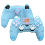 PlayVital Cute Spring Lesser Panda Silicone Cover for PS5 Controller with Joystick Cap and Sticker, Anti-Grip Shockproof Skin, Compatible with Charging Station - Heaven Blue - YSSPFP006