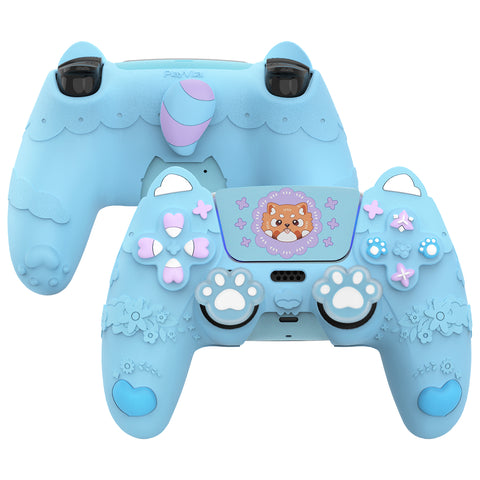 PlayVital Cute Spring Lesser Panda Silicone Cover for PS5 Controller with Joystick Cap and Sticker, Anti-Grip Shockproof Skin, Compatible with Charging Station - Heaven Blue - YSSPFP006
