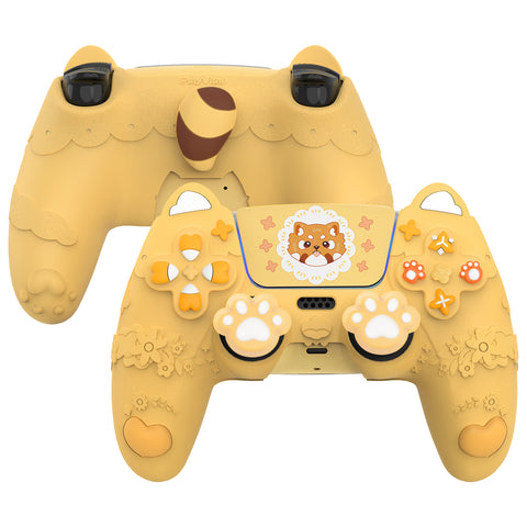 PlayVital Cute Spring Lesser Panda Silicone Cover for PS5 Controller with Joystick Cap and Sticker, Anti-Grip Shockproof Skin, Compatible with Charging Station - Warm Yellow - YSSPFP001