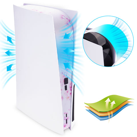 PlayVital Dust Filter and Port Plug Set for PS5 Disc & Digital Console – Breathable Anti-Dust Cover Net with 12 Silicone Plugs, Easy-Install Dust Proof Kit for PS5 Accessories - Cherry Blossom Whisper - DTAPFV005