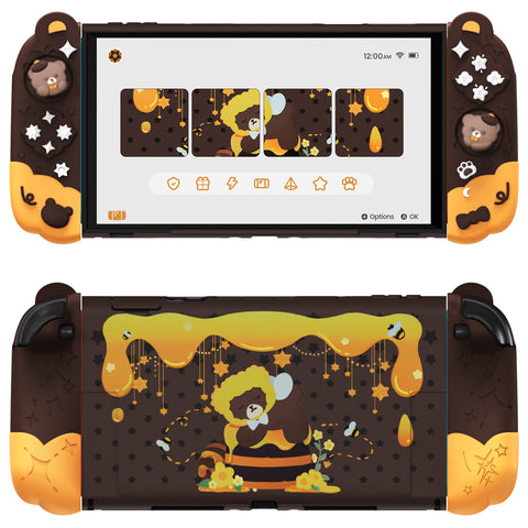 PlayVital Good Night Bear Dockable Protective Case for Nintendo Switch 2 - Detachable Silicone Joycon Grips & Shockproof Back Cover with Cute Bear Thumbs Caps - Brown - WNXNTM002