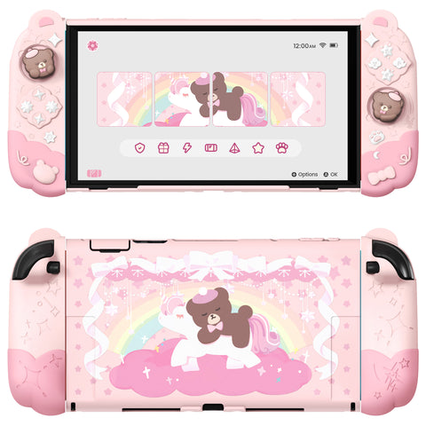 PlayVital Good Night Bear Dockable Protective Case for Nintendo Switch 2 - Detachable Silicone Joycon Grips & Shockproof Back Cover with Cute Bear Thumbs Caps - Pink - WNXNTM003