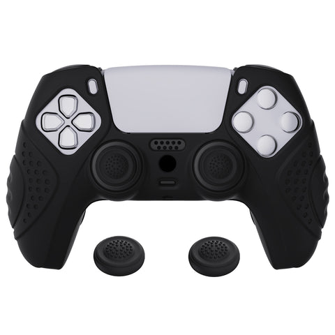 PlayVital Guardian Edition Black Ergonomic Soft Anti-slip Controller Silicone Case Cover, Rubber Protector Skins with Black Joystick Caps for PS5 Controller - YHPF001