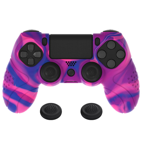 PlayVital Guardian Edition Pink & Purple & Blue Ergonomic Soft Anti-Slip Controller Silicone Case Cover for PS4, Rubber Protector Skins with black Joystick Caps for PS4 Slim PS4 Pro Controller - P4CC0073