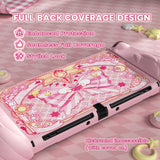 PlayVital Magic Wings Protective Case for Nintendo Switch OLED with Extra Stand, Dockable Hard Shell Cover + Silicone Grips for Switch OLED with Thumb Grip Caps, Daily Protection - Pink - XYMSOP002