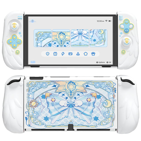 PlayVital Magic Wings Protective Case for Nintendo Switch OLED with Extra Stand, Dockable Hard Shell Cover + Silicone Grips for Switch OLED with Thumb Grip Caps, Daily Protection - White - XYMSOP001