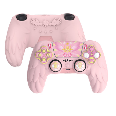 PlayVital Magic Wings Protective Silicone Cover Skin for PS5 Controller – Soft Anti-Slip Grip Protector Case for PS5 Controller with Thumbstick Caps & Themed Stickers, Charging Station Compatible - Pink - YLEPFP003