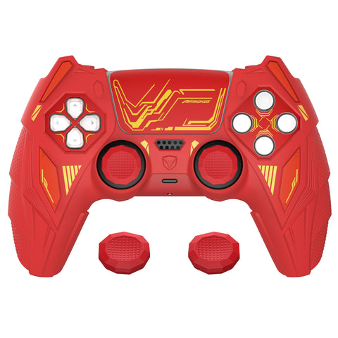 PlayVital Mecha Rhino Silicone Cover for PS5 Controller with Thumb Grips & Stickers, Anti-Slip Controller Grip Skin Accessories Compatible with PS5 Charging Station - Maple Red & Brick Red - HZAPFP004