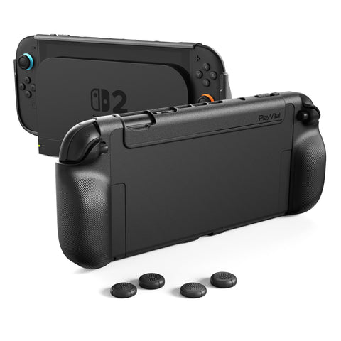 PlayVital PURE Grip Case for Nintendo Switch 2 – Shockproof TPU Cover Ergonomic Anti-Slip Grips Design & Thumbstick Caps - Black - JKUNTM001M2