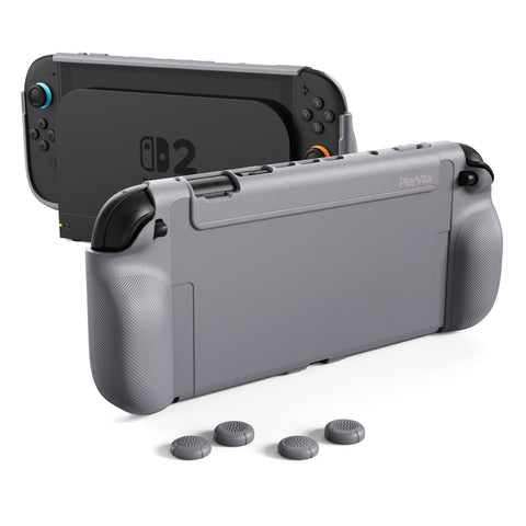 PlayVital PURE Grip Case for Nintendo Switch 2 – Shockproof TPU Cover Ergonomic Anti-Slip Grips Design & Thumbstick Caps - New Hope Gray - JKUNTM003M2