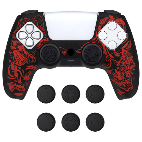 PlayVital Pure Series Samurai Prajna (Red) Dockable Model Anti-Slip Silicone Cover Skin with 6 Thumb Grip Caps for ps5 Controller Fits with Charging Station - EKPFL002