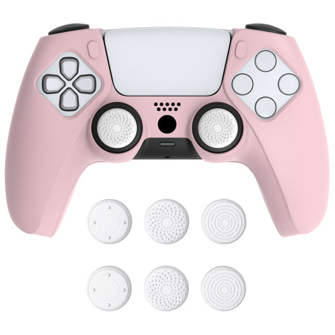 PlayVital Pure Series Ergonomic Anti-Slip Silicone Cover Skin for PS5 Controller, Soft Rubber Grip Case for PS5 Wireless Controller Fits with Charging Station with 6 Thumb Grip Caps - Cherry Blossoms Pink - EKPFP007