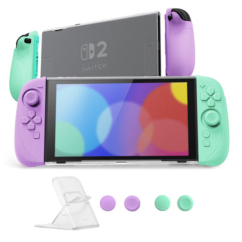 PlayVital Ranger Dockable Silicone Grip Case with Hard Shell Cover for Nintendo Switch 2 - Protective Full-Body Cover with Extra Adjustable Stand & Thumb Grips  - Soft Violet & Mint Green - YZCNTM004
