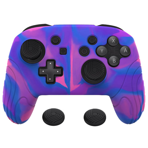 PlayVital Samurai Edition Ergonomic Silicone Skin Protective Case for Nintendo Switch Pro Controller, Soft Anti-slip Controller Grip Protector for Nintendo Switch Pro with Thumb Grip Caps - Pink & Purple & Blue- EBNPP005