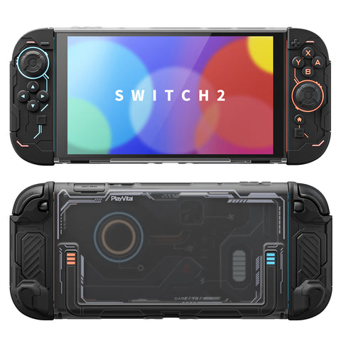 PlayVital Stellar Mecha Protective Case for Nintendo Switch 2, Ergonomic Anti-slip Silicone Grip Cover, Dockable Hard Case Shell for Switch 2 with Joystick Cap & Sticker - Black - JXUNTP001