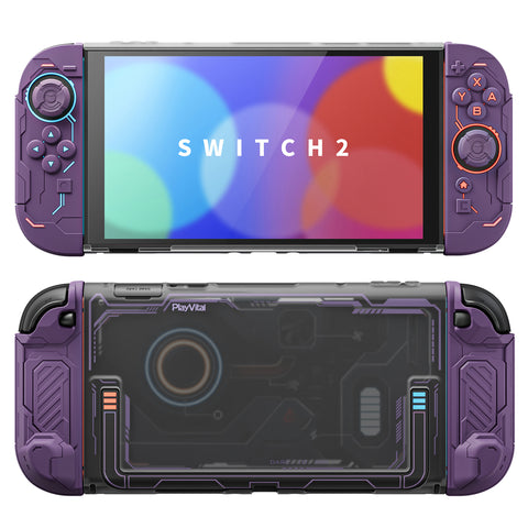 PlayVital Stellar Mecha Protective Case for Nintendo Switch 2, Ergonomic Anti-slip Silicone Grip Cover, Dockable Hard Case Shell for Switch 2 with Joystick Cap & Sticker - Smoky Purple - JXUNTP003