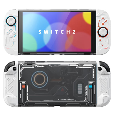 PlayVital Stellar Mecha Protective Case for Nintendo Switch 2, Ergonomic Anti-slip Silicone Grip Cover, Dockable Hard Case Shell for Switch 2 with Joystick Cap & Sticker - White - JXUNTP002