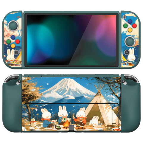 PlayVital ZealProtect Soft Protective Case for Switch OLED, Flexible Protector Joycon Grip Cover for Switch OLED with Thumb Grip Caps & ABXY Direction Button Caps - Camping Bunnies - XSOYV6052