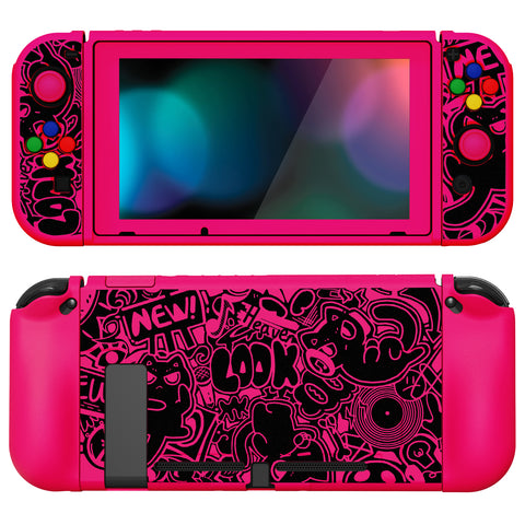 PlayVital ZealProtect Soft Protective Case for Nintendo Switch, Flexible Cover for Switch with Tempered Glass Screen Protector & Thumb Grips & ABXY Direction Button Caps - VV & Bright Pink - RNSYV6059