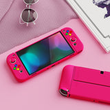 PlayVital ZealProtect Soft Protective Case for Nintendo Switch OLED, Flexible Protector Joycon Grip Cover for Nintendo Switch OLED with Thumb Grip Caps & ABXY Direction Button Caps - Bright Pink - XSOYM5012