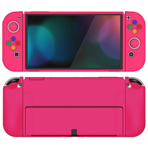 PlayVital ZealProtect Soft Protective Case for Nintendo Switch OLED, Flexible Protector Joycon Grip Cover for Nintendo Switch OLED with Thumb Grip Caps & ABXY Direction Button Caps - Bright Pink - XSOYM5012