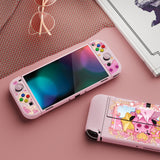 PlayVital ZealProtect Soft Protective Case for Switch OLED, Flexible Protector Joycon Grip Cover for Switch OLED with Thumb Grip Caps & ABXY Direction Button Caps - PP & Pink - XSOYV6057