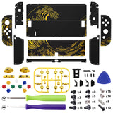 eXtremeRate The Great GOLDEN Wave Off Kanagawa - Black Full Set Shell for Nintendo Switch OLED, Replacement Console Back Plate & Kickstand, NS Joycon Handheld Controller Housing with Full Set Buttons for Nintendo Switch OLED - QNSOT002